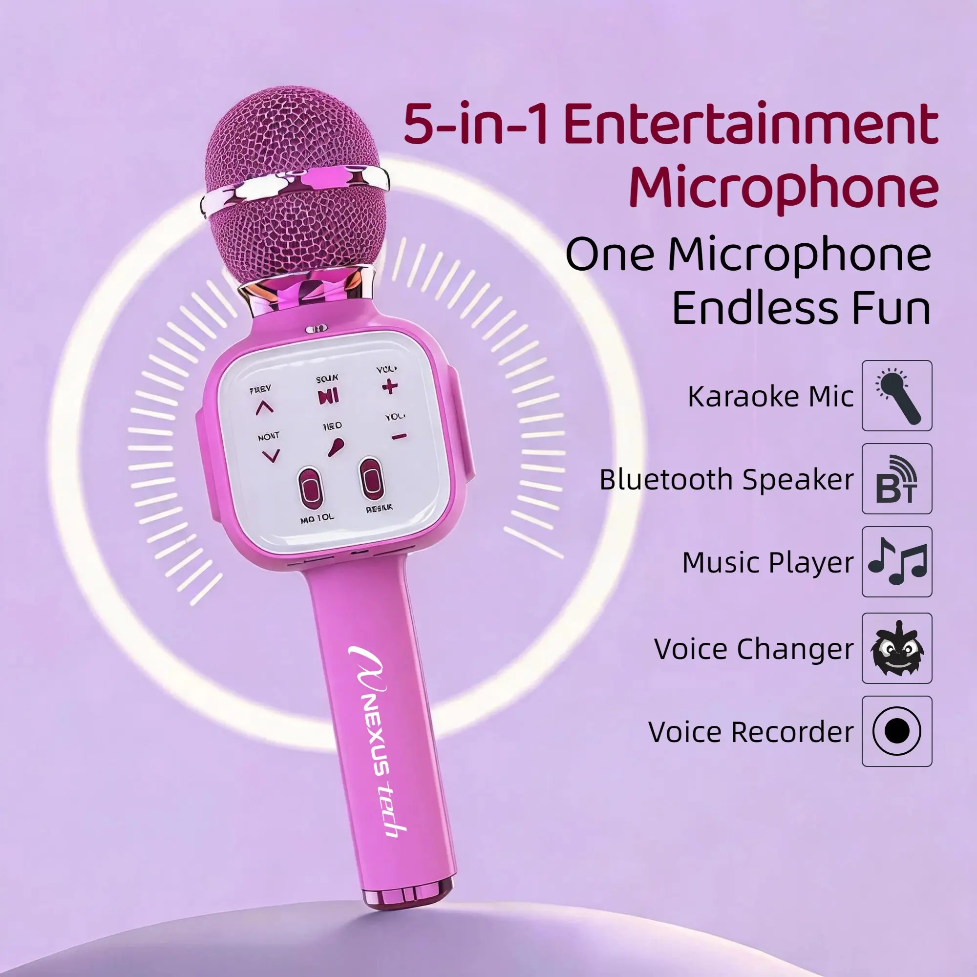 Wireless Bluetooth 5.2 Karaoke Microphone 5 in 1 Handheld Portable Speaker with RGB LED Light Voice Changer Echo Mic Kids Adults Home Party Singing Machine TWS Stereo Dual Sing TF Card USB Type-C Rechargeable 1200mAh Battery Children Gift