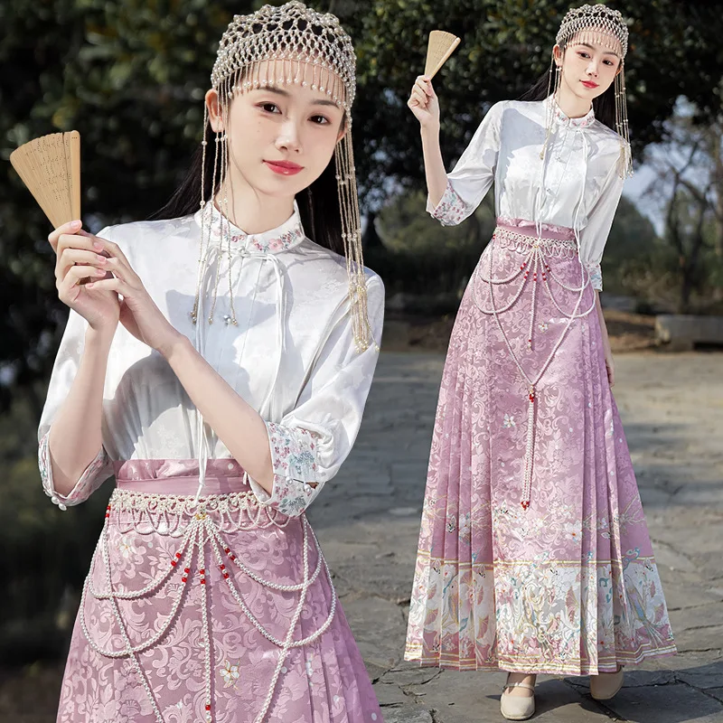 Hanfu Horse-face Skirt Women Chinese Traditional Hanfu Vintage Pleats Skirt Multiple Color Sets 2024 Work Streetwear Long Skirt