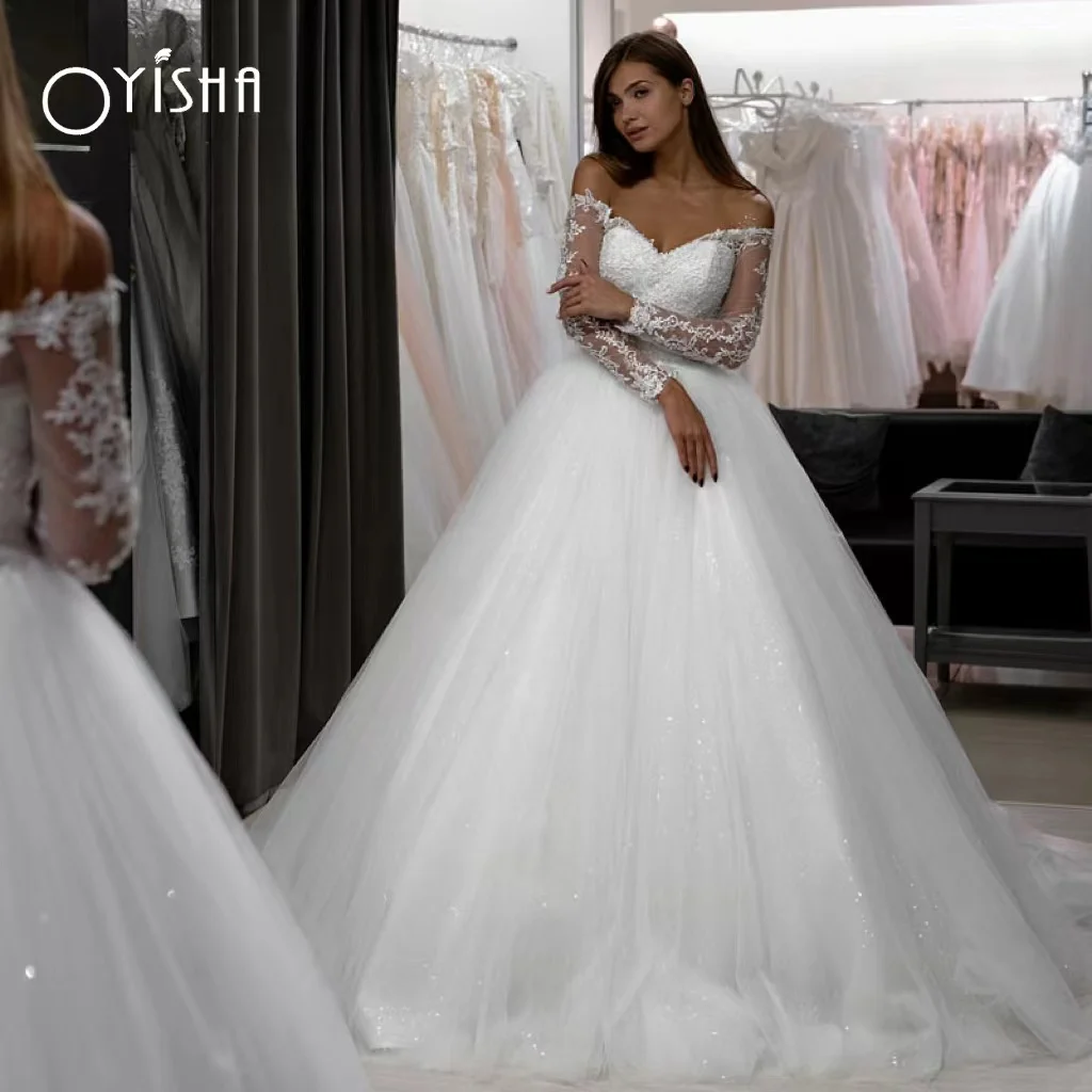 OYISHA 2023 Princess Off Shoulder Wedding Dress Sweetheart Long Sleeves Tulle Glitter Lace Appliqus Bride Gown Vestido De Novia