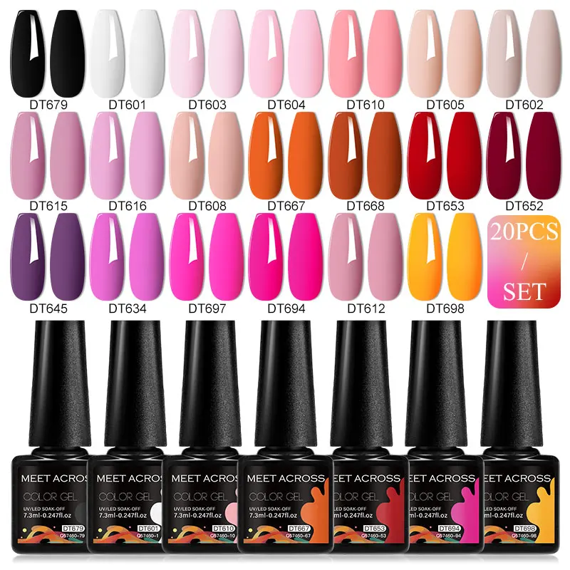 MEET ACROSS 20-teiliges Gel-Nagellack-Set für Nägel, bunt, rosa, blau, grün, Soak Off Nail Art Gel-Lack-Set für die Maniküre