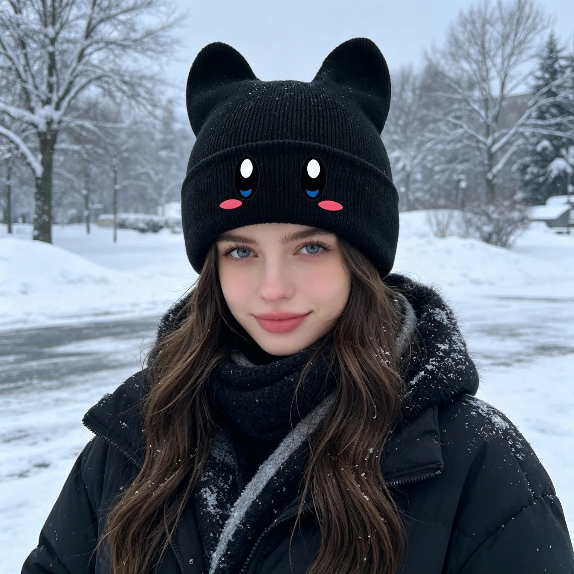 Cute Kirby Knitted Beanie Hat Kawaii Big Eyes Smiley Face Embroidered Pink Winter Hat Japanese Academy Style Knit Cap Unisex