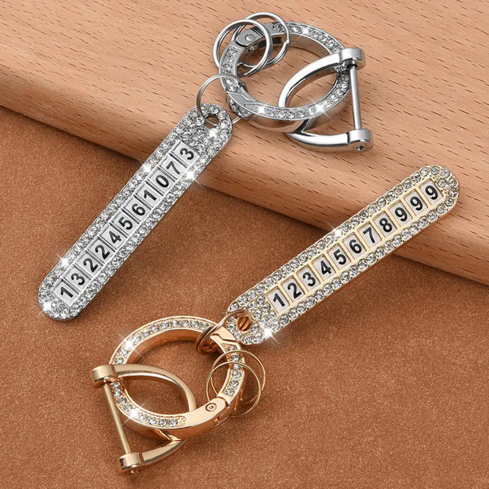 Car Rhinestone Keychain Automobile Key Pendant With Anti-lost Phone Number Plate Exquisite Key Chain Ornament Gift