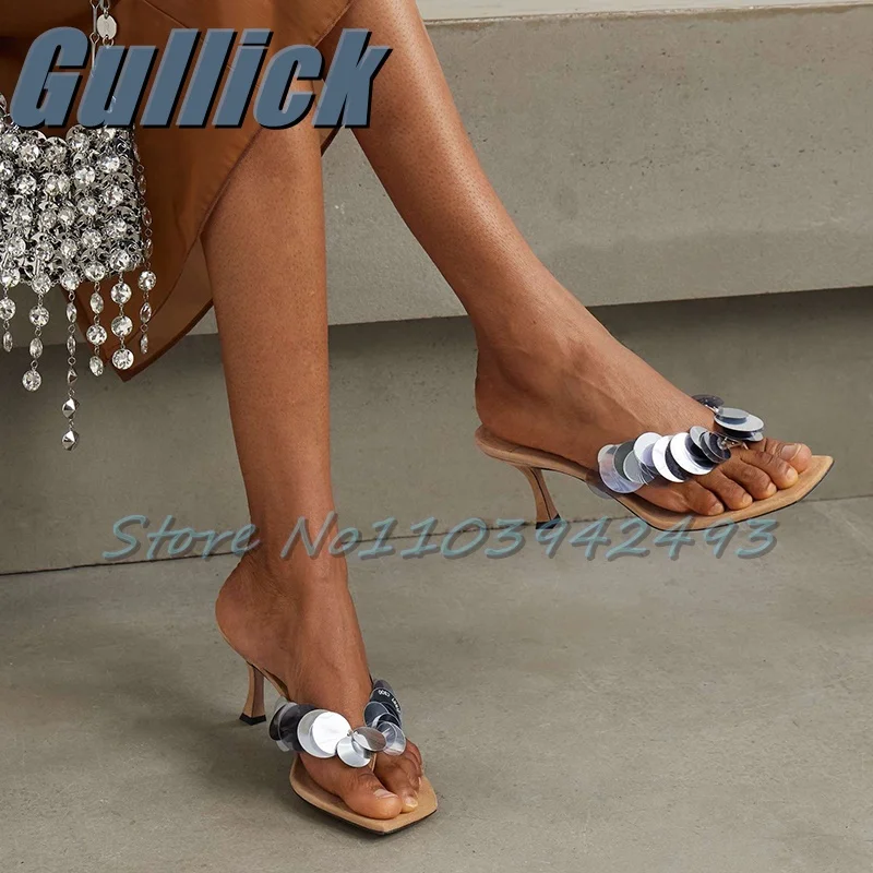 

2025 Silver Sequins Heels Flip Hop Heeled Sandals Women Designer Luxury Summer Shoes 7CM Solid Square Toe Sandalias De Mujer