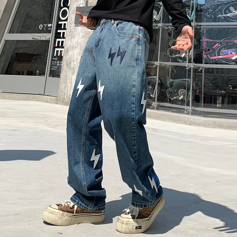 K 116801 미국 하이 스트리트 라이트닝 그라데이션 컬러 청바지 남성 트렌디 브랜드 루즈 스트레이트 와이드 레그 넷 레드 캐주얼 헌드레