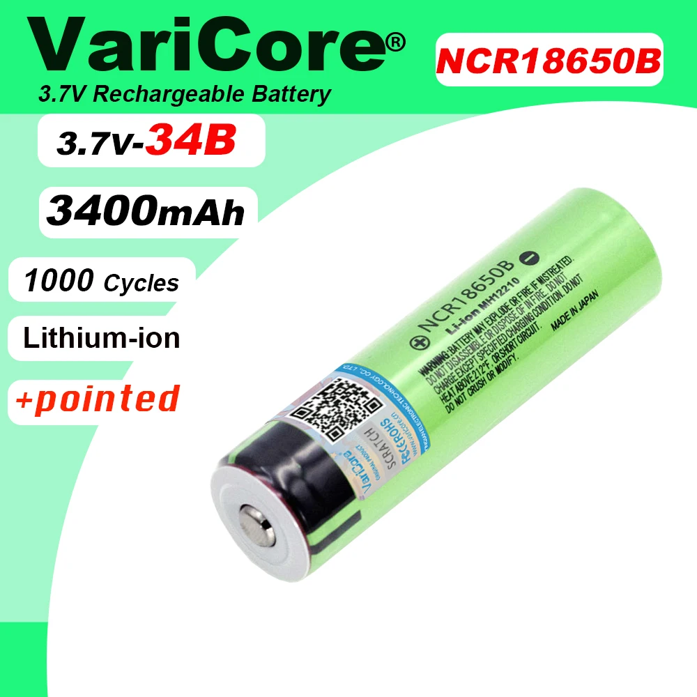 Bateria recarregável de lítio VariCore NCR18650B 3.7v 3400mAh 18650 com ponta (sem PCB) para baterias de lanterna