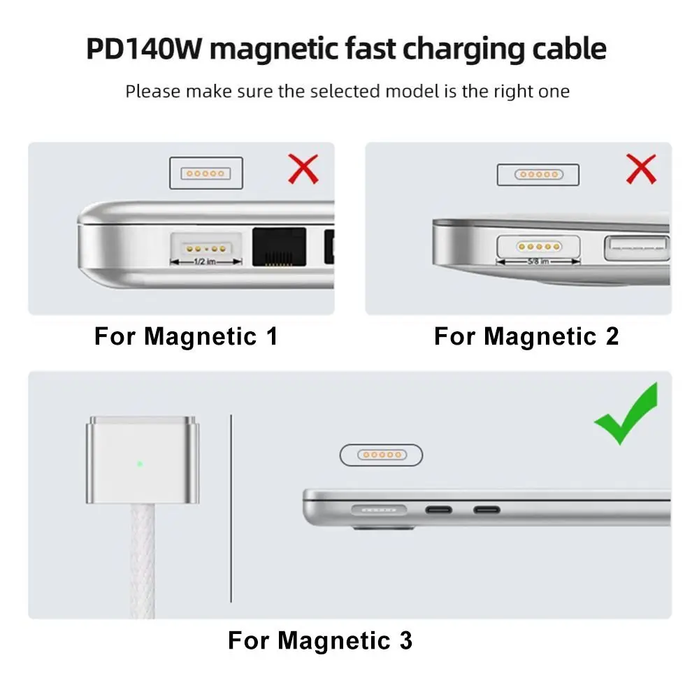 PD 140W Fast Charging Cable Zinc Alloy 2M Length Laptop Charger Cord Nylon Braid LED Light for MacBook Air/Pro 13 14 15 16