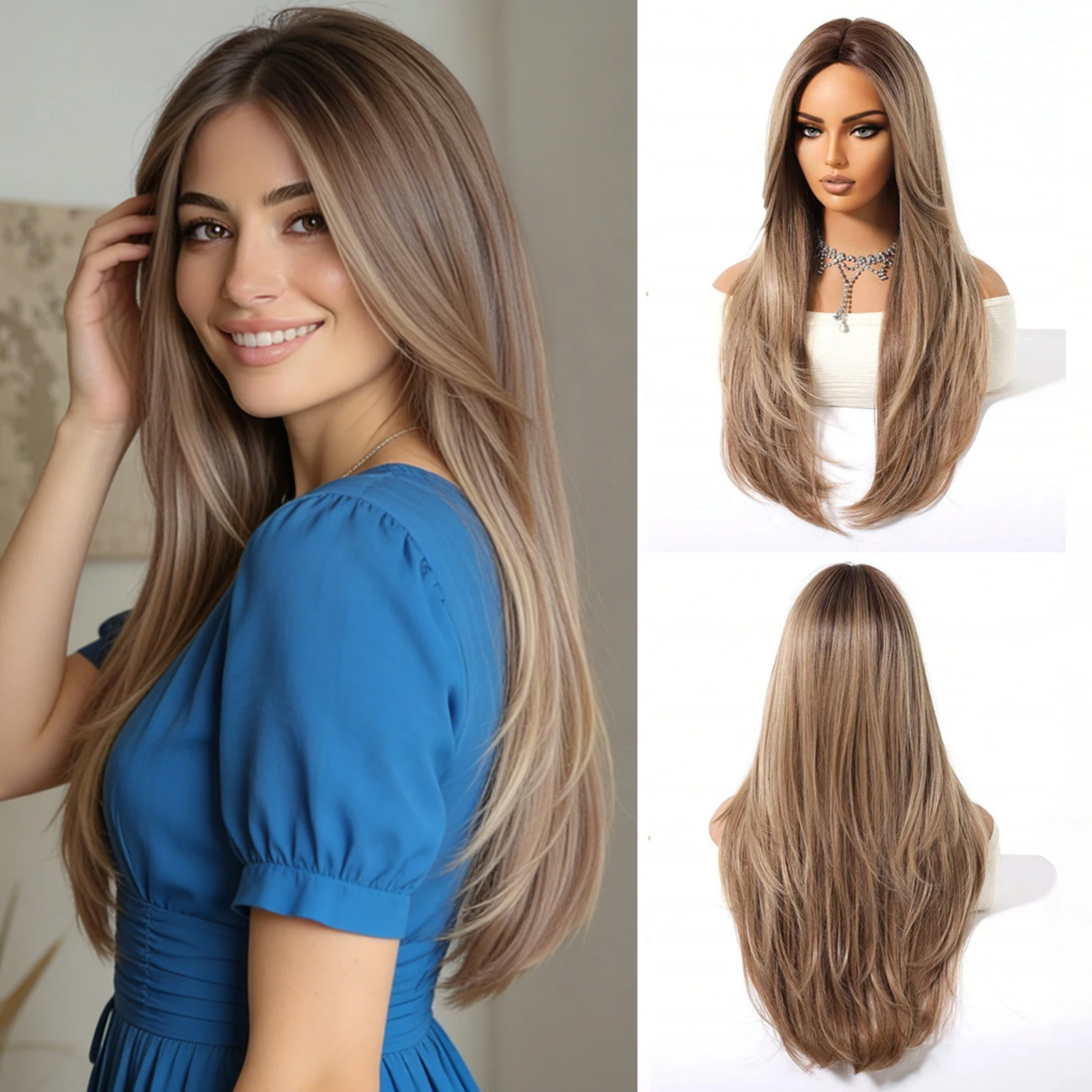 

Long Ombre Blonde Synthetic Wig with Middle Part Natural Straight Hair Layering for Women Party Halloween Cosplay Daily Wear