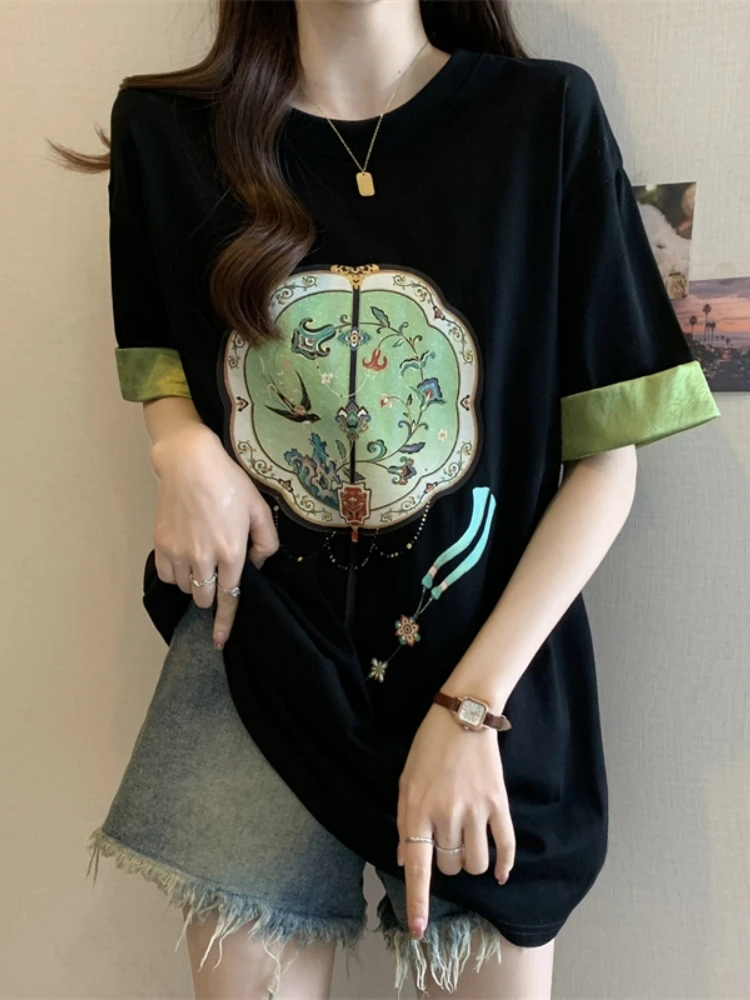 New Chinese Style Short Sleeve T-Shirt Women Summer plus Size Slimming Mid-Length Butt Covering Base Shirt Embroidered Base S...
