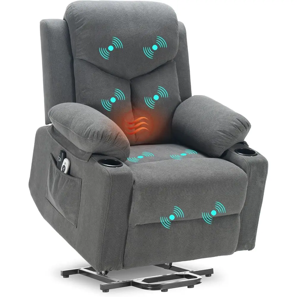 Reclining Chair with Massage, Heat, USB & Type-C Ports, Cup Holders, Gray, Regular Size