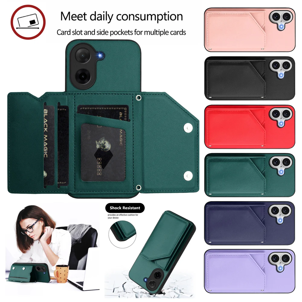 Card Holder Back Case For Xiaomi Poco X5 Redmi 14C 14R 13C 12C 11A 10C Note 12 Magnetic Button-Flip Leather Wallet Phone Cover