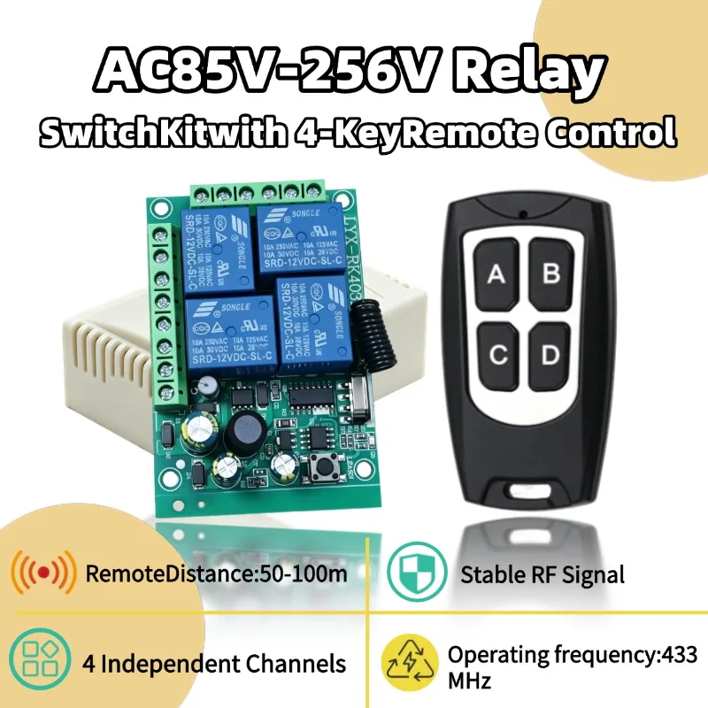 433Mhz Universal Wireless Remote Control AC110V 220V Relay 4CH Module Receiver 4B Transmitter For Garage Door Gate Motor Light