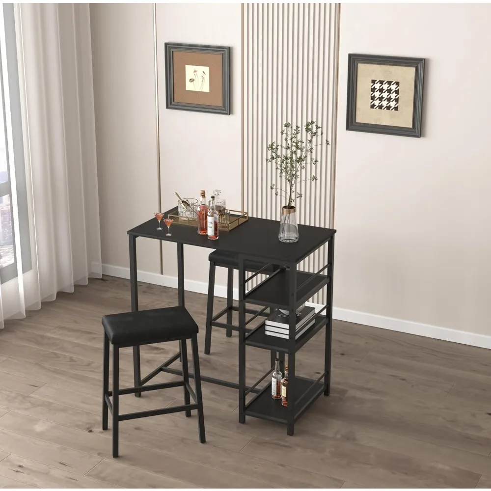 Ensemble de pub moderne 3 pièces à hauteur de comptoir avec 2 étagères de rangement et 2 tabourets de bar rembourrés en cuir PU, ensemble de table à manger pour 2 (B