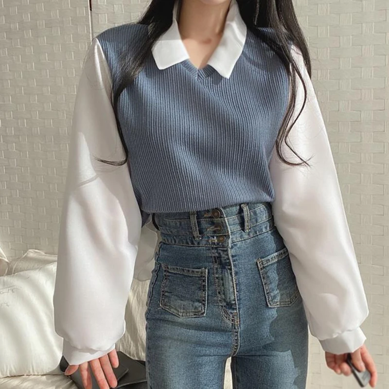 Autumn Winter Women\'s T-shirts Lapel Casual Versatile Long Sleeves FakeTwo Pieces Tops