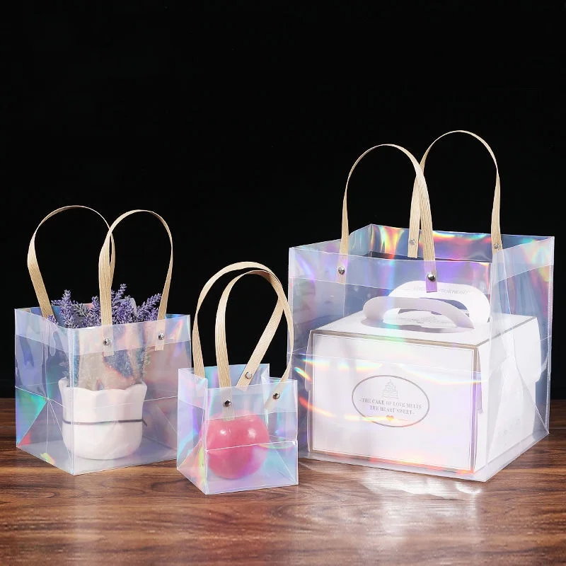 StoBag 10pcs Laser Transparent Gift Tote Bags Plastic Packaging Handbag Waterproof Storage Reusable Pouch Birthday Party Favors