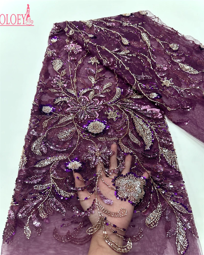 

OLOEY New Design Fashion Africa Nigerian Artistic Pattern Handmade Embroidery Sequins Hot Sale French Beads Tulle Lace For Party