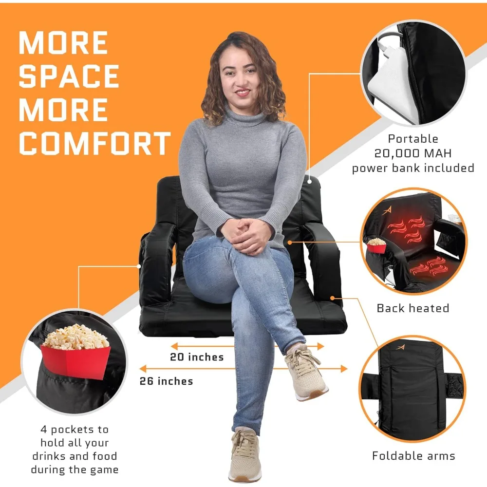Sièges de stade pliables améliorés avec support arrière, batterie USB et réglage de la chaleur à 3 niveaux