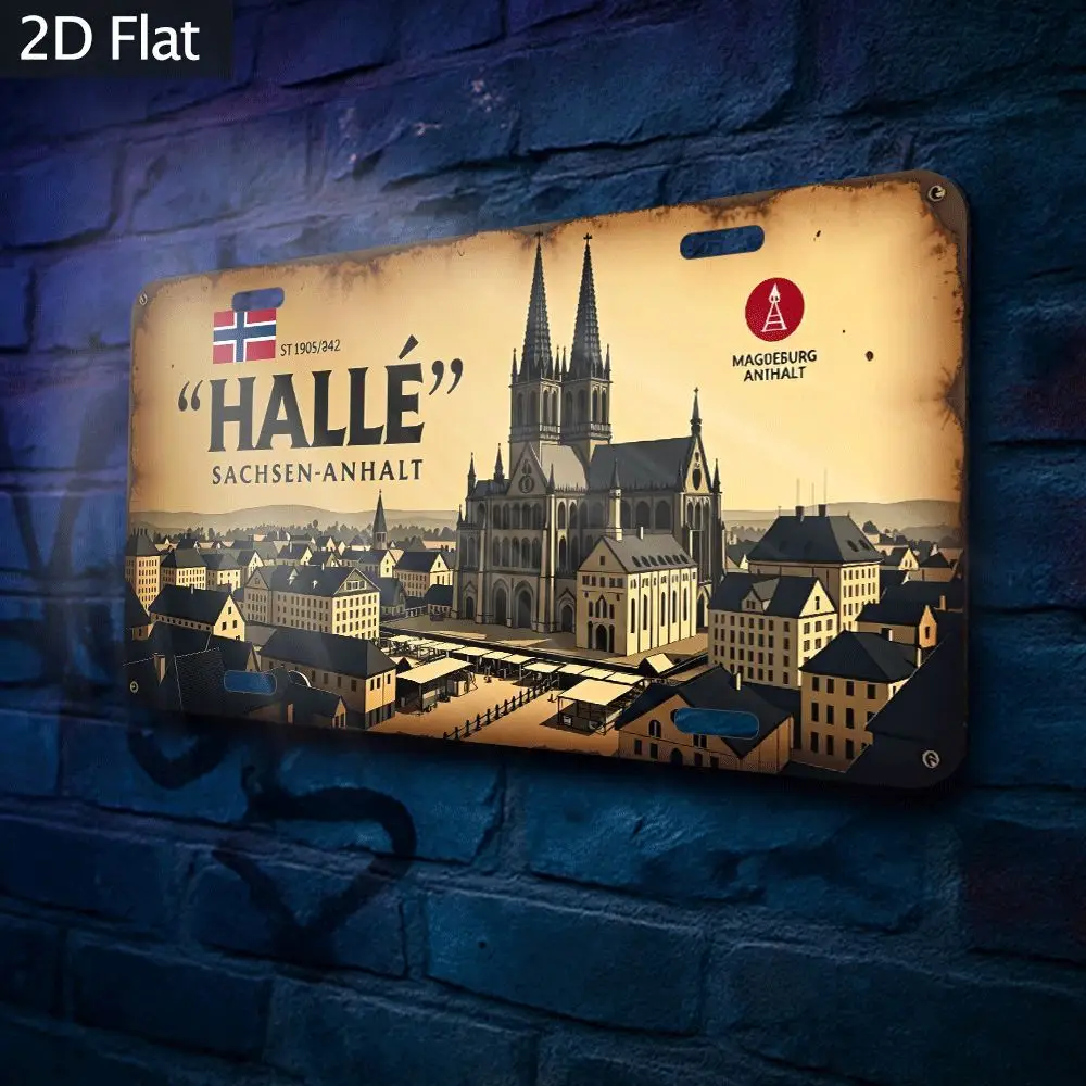 2D Flat, 2D Flat - 1pc Vintage Halle, Saxony-Anhalt Metal Wall Art - 12x6 Inch Decoration with a Worn Finish, Bar Scene and Chur