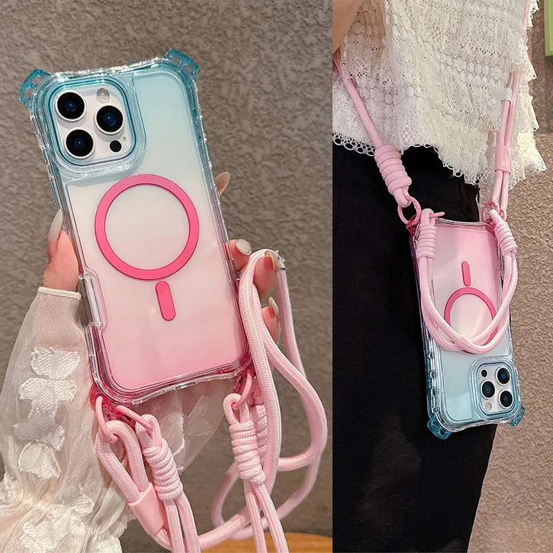 XMN Gradient Color CrossBody Chain Case For iPhone17Air 17 promax 16 16E 15 14 13 12Magsafe Wireless Charge Magnetic Cover
