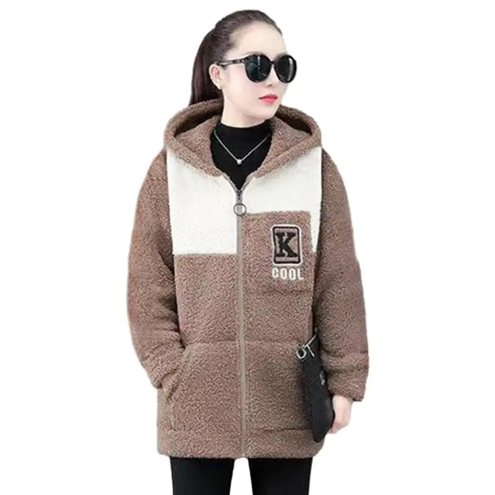 Women Jacket Colorblock Fleece Hooded Coat with Zipper Closure Pockets for Women Warm Winter Cardigan Jacket Mid Length Loose