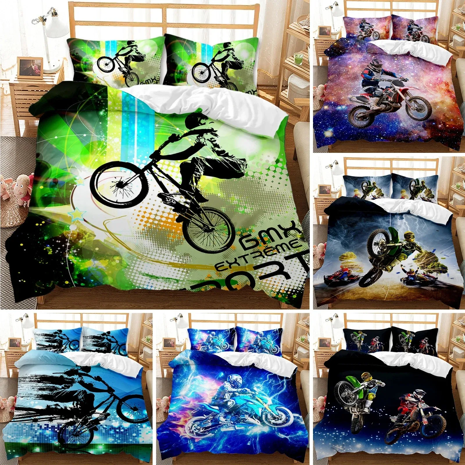 

Motocross Rider Bedding Set Extreme Sports Theme Duvet Cover Teens Motorcycle Comforter Cover Dirt Bike Polyester Quilt Cover