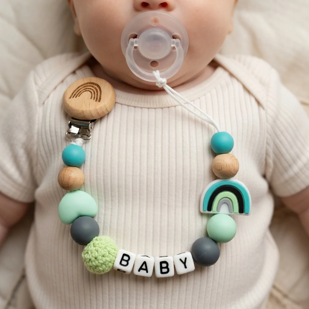 2026 Handmade Customized Name Beech Pacifier Clips Holder Chain Silicone Rainbow Pacifier Chain Baby Teether Teething Chain Gift