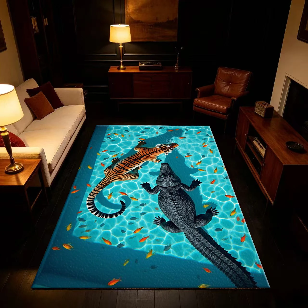 Tigers and Crocodiles in a Blue Pool Appear Alongside Colorful Fish, Dreamy Art Carpet Floor Non-Slip Mat