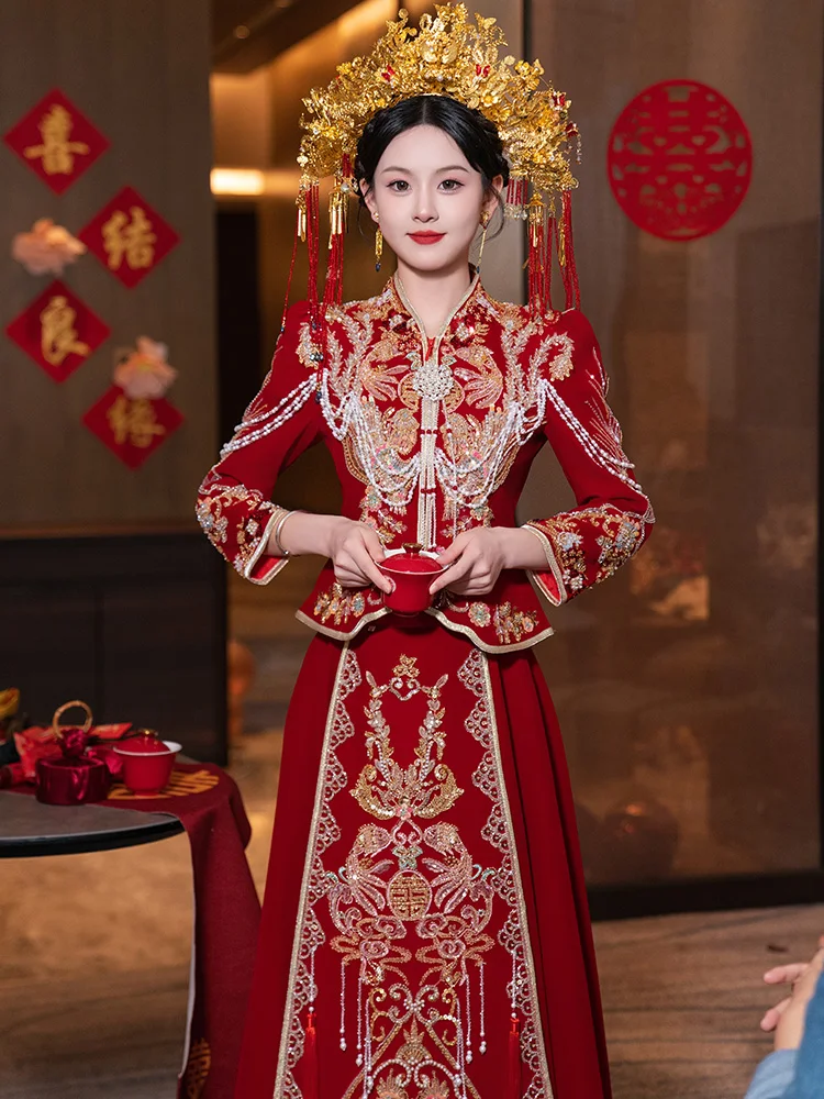 

Chinoiserie Wedding Dr New 2025 Wedding Gown Long Sve Embroidered Traditional Chinese Bridal Dr for Women