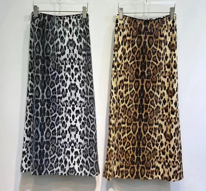 Sequined Long Skirt 2024 Autumn Winter Fashion Party Club Lady Sexy Wild Leopard Print Sequined Long Black Khaki Sexy Club Skirt