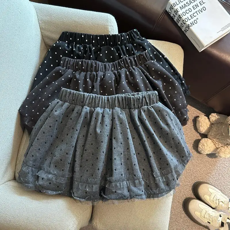 Sweet and Lovely Women's Lace Edge Polka Dot Skirt Autumn and Winter Girls' Fluffy Skirt Student College Style Short Skirt