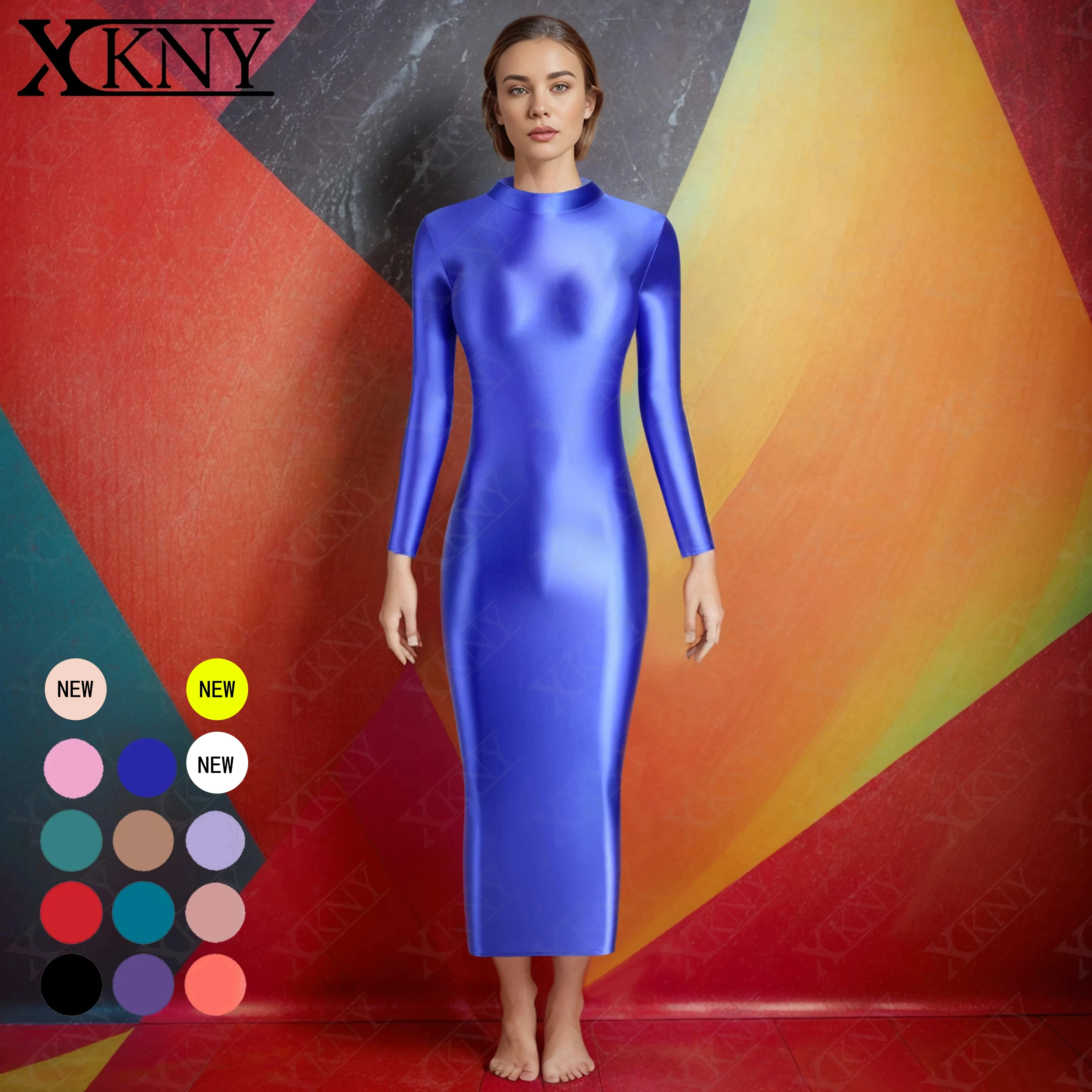 XCKNY satin oil glossy dress collo alto manica lunga gonna di seta longuette gonna attillata di seta elastica gonna sportiva vestito attillato sexy