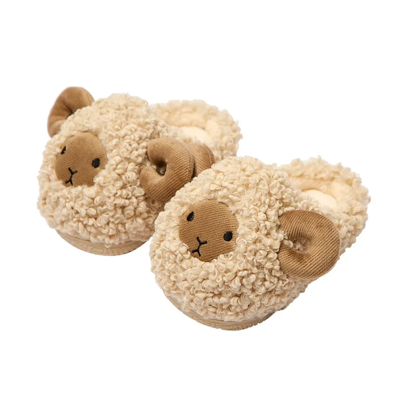 Children Cartoon Sheep Cute Shoes Soft Autumn Winter Warm Boys Girls Baby Plush Fur Non-slip Slipper Heel Wrap Home Flat Shoes