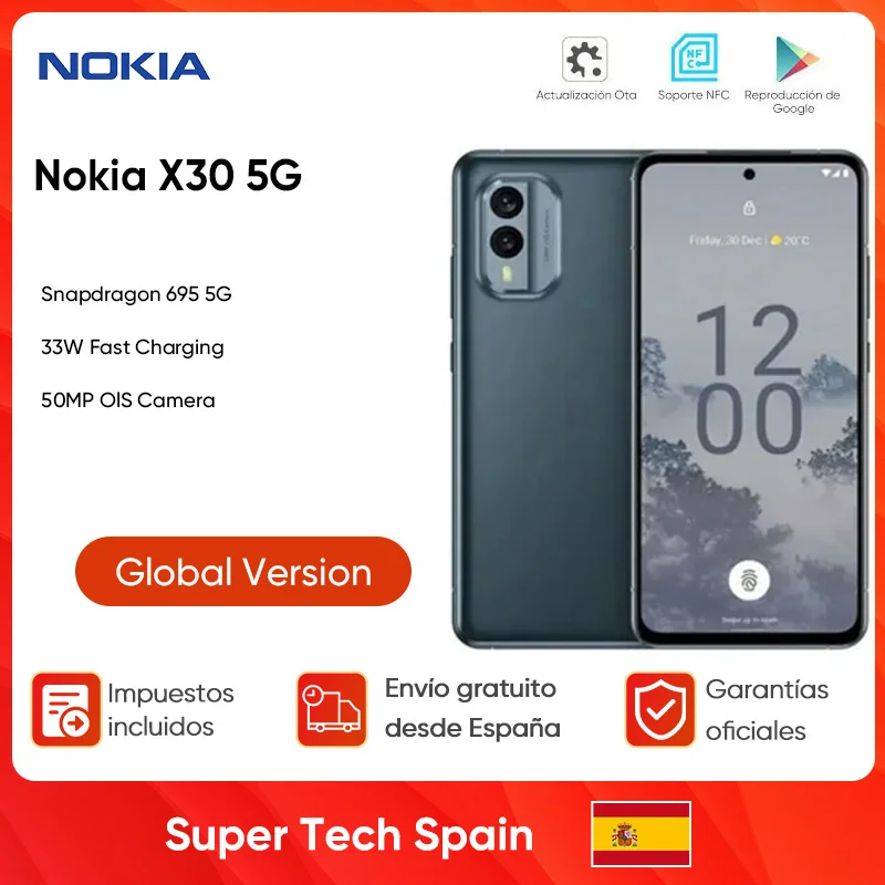 Nokia X30 Samartphone Qualcomm Snapdragon 695, 5G, 8 + 256G, Doble SIM, NFC, 33W, supercarga, batería de 4200mAh, Android 12, versión Global