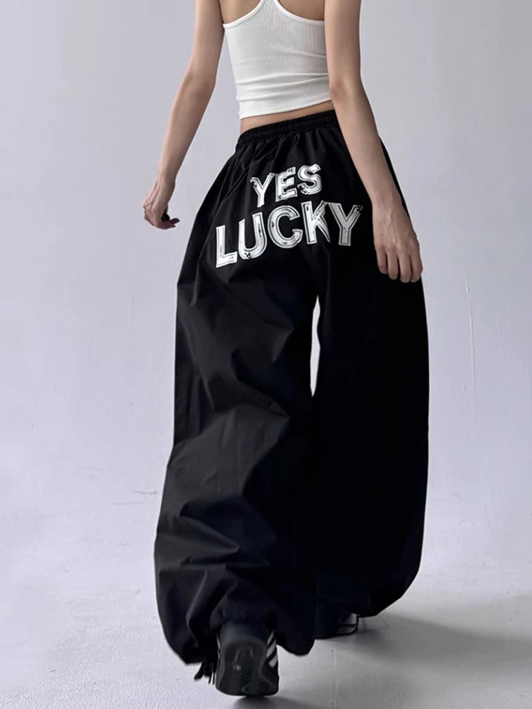 

American Retro Print Work Pants Women Summer Thin High Waist Qui Dry Sports Street Dance Hiphop Wide Leg Pants Casual Trousers