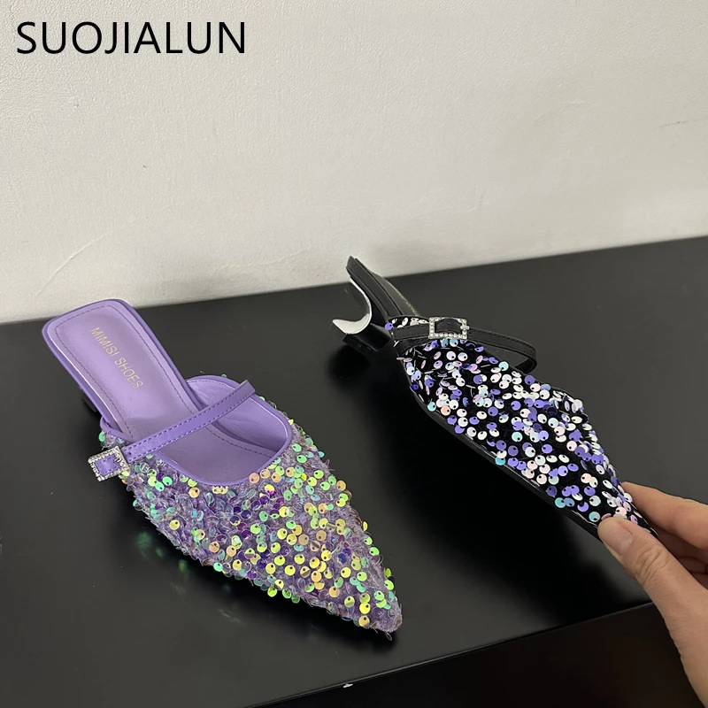 SUOJIALUN 2025 Spring New Brand Women Slipper Fashion Med Shaped Heel Ladies Elegant Slip On Mules Shoes Outdoor Dress Slides