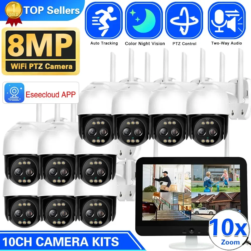 

8MP WIFI Security PTZ 10X Camera Kit PIR Detection Color Night Vision IP Camera Set 10CH NVR Wireless CCTV Surveillance System