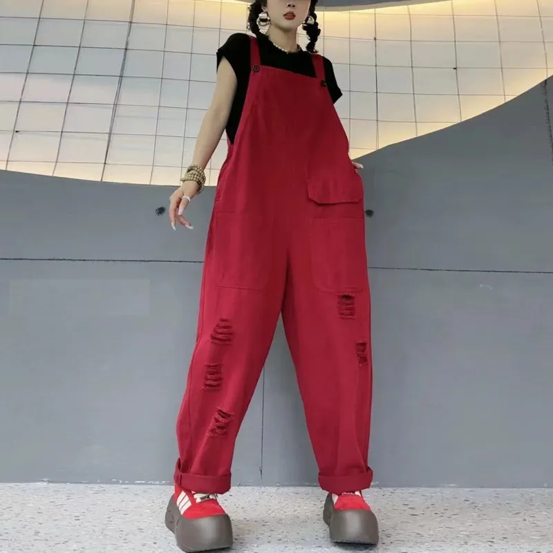 

Spring and Summer New Women's Denim Jumpsuit Loose Hole Overalls