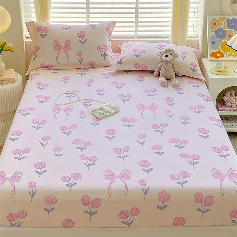 3pcs Cotton Thick Pink Tulip Fitted Sheet Set for Girls Women Bedroom Decoration, Cartoon Bow Pattern Kids Skin-friendly Bedding