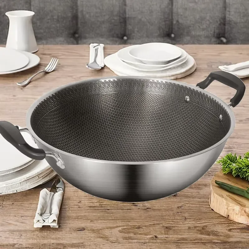 40cm 304 Stainless Steel Non-stick Wok 18L Capacity Multi-layer Bottom Pot for Gas and Induction Cooker Universal Use
