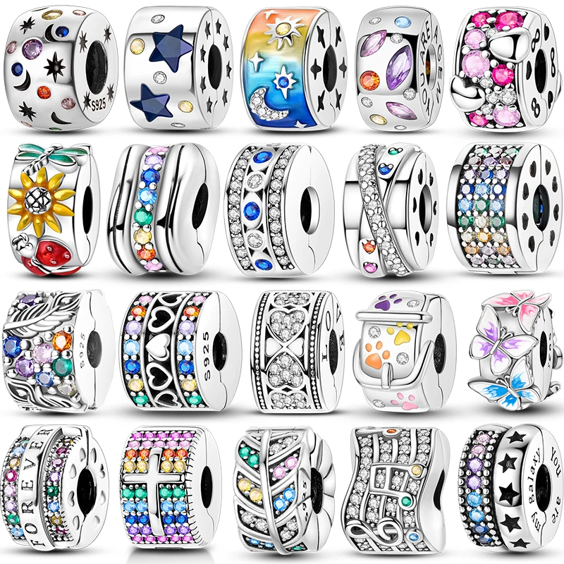 Cat Butterfly Daisy CZ Pave Clip Charms Positioning Buckle 925 Sterling Silver Silicone Spacer Beads Fit Original Racelet DIY