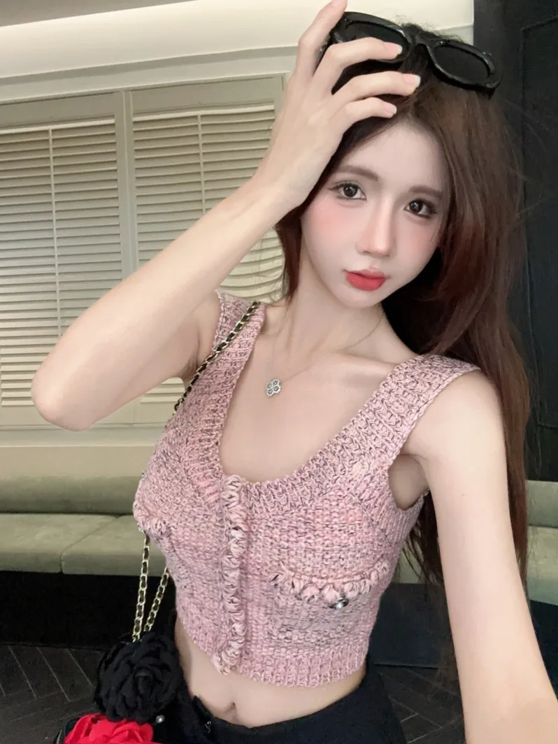 سترة نسائية أنيقة بحزام محبوك صيفي جميل برائحة صغيرة نقية الرغبة الحارة قصيرة بدون أكمام قمة أساسية ضيقة