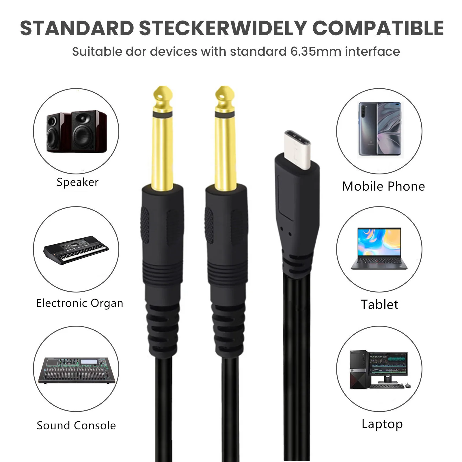 Type-C To Dual 6.35mm Male TS Audio Cable USB-C To 1/4 Inch Audio Cord Y Splitter Male Type-C To 2 X 6.5mm 1m