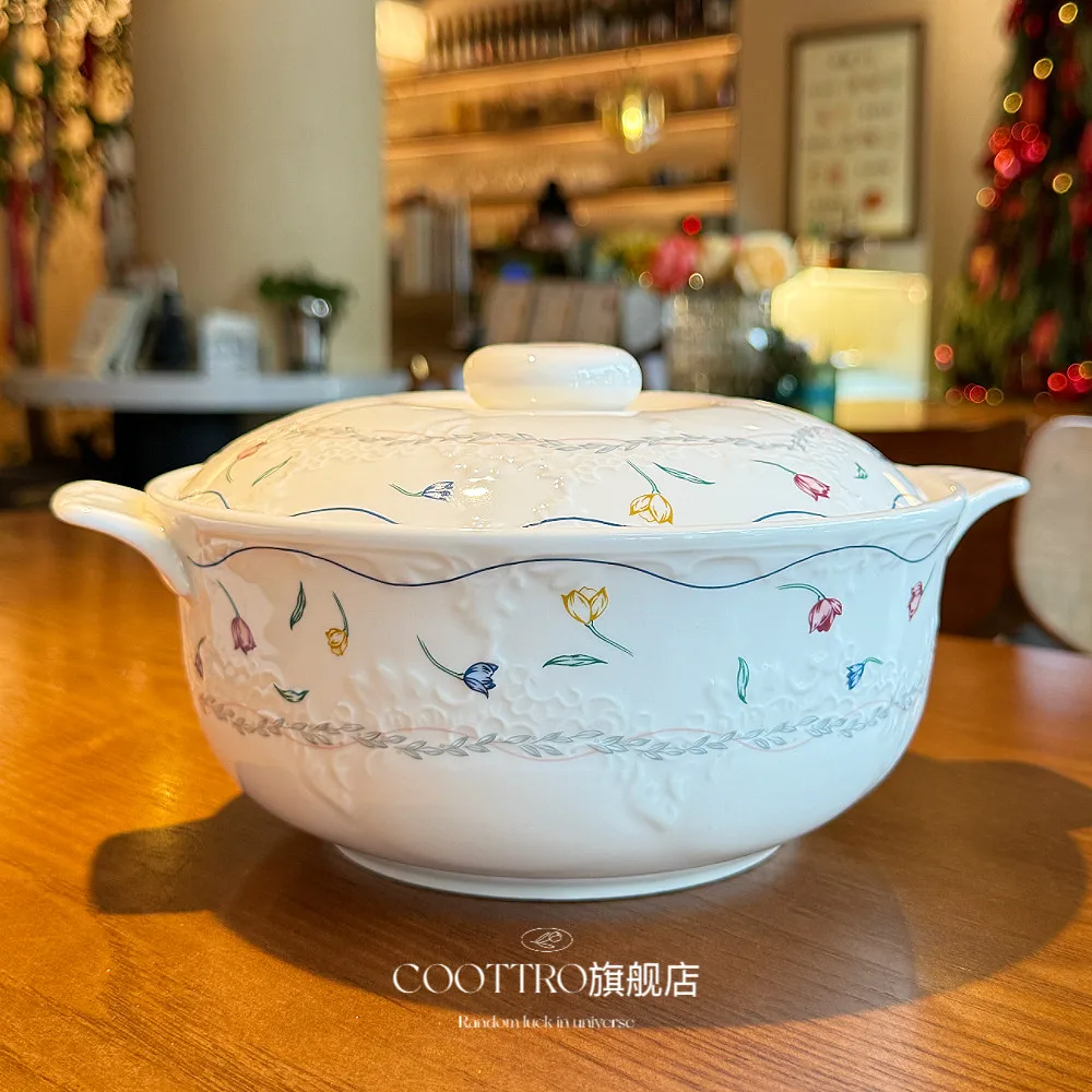 

Stockpot with double handles large bowl, tableware, ceramic underglaze color botanical floral print multifunctional for home use