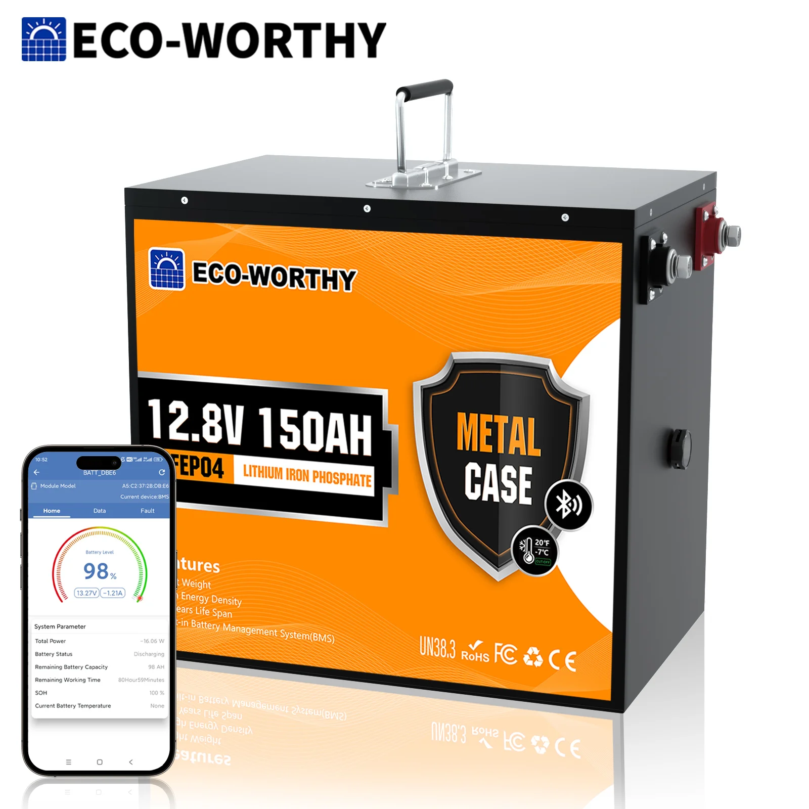 ECO-WORTHY 12V 150AH Bluetooth LiFePO4 Lithium Battery with Low Temperature Protection, Built-in 120A BMS, Perfect for Trolling