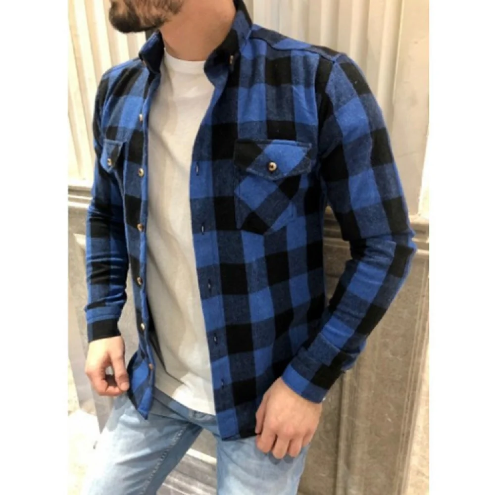 Spring And Autumn New Hot Selling All Matching Slim Long Sleeve Shirt Autumn Cotton Woolen Chaoyang Grid Men\'s Color Shirt