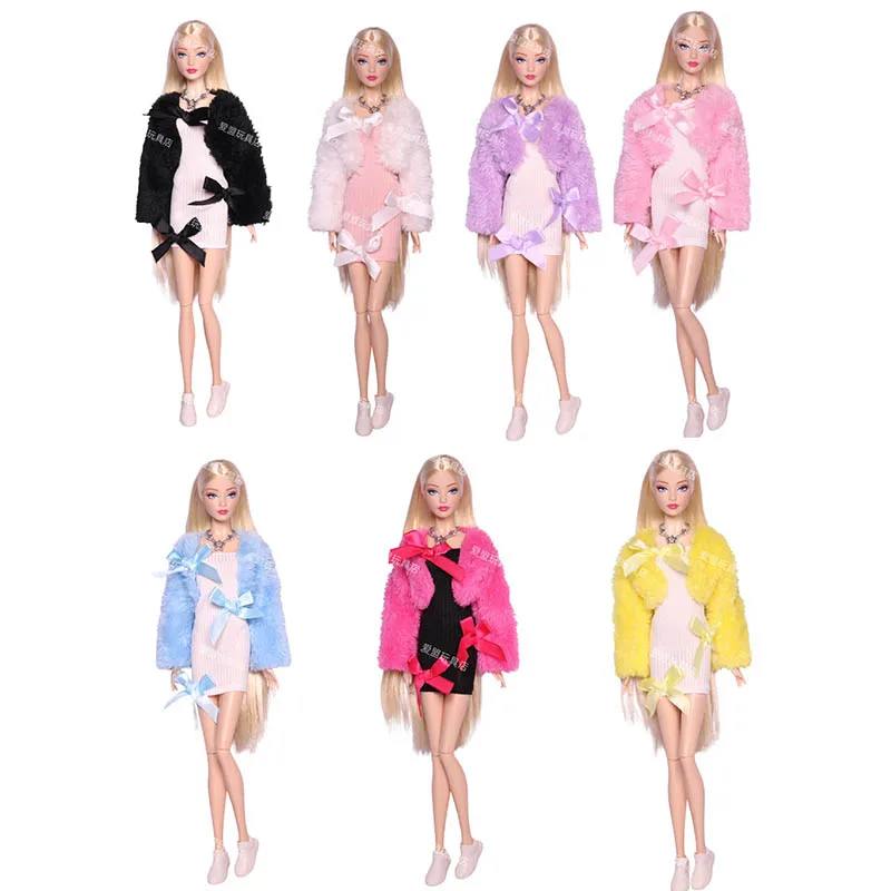 

Doll Clothes Accessories Fashion Design Plush Jacket + Bow Slim Dress Set 1/6 BJD Dolls Daily Dress Up For 30cm Dolls