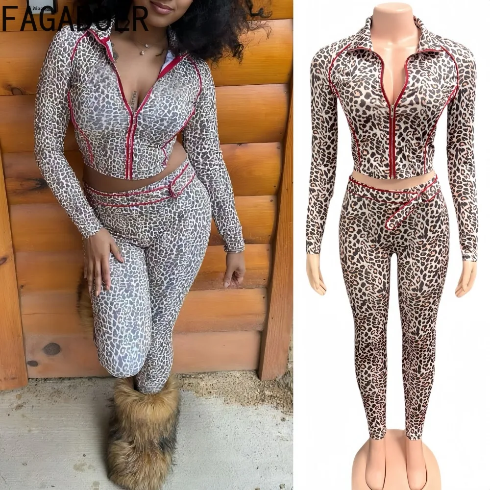 

FAGADOER Summer New Fashion Leopard Print Two Piece Outfits Woman Long Sleeve Zipper Crop Jacket + Pants Suits Female Streetwear