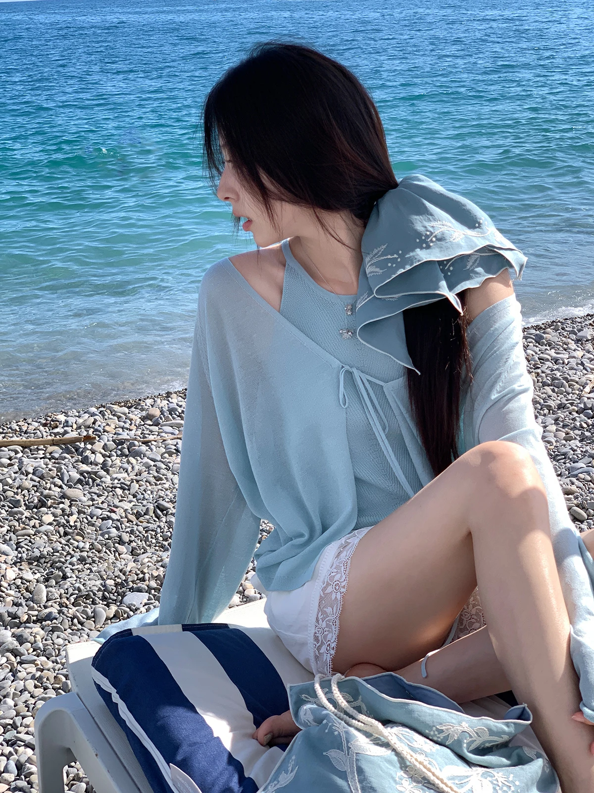 

Летний женский длинный вязаный жилет с V-образным вырезом и бретелями, синий, повседневный, удобный, дышащий