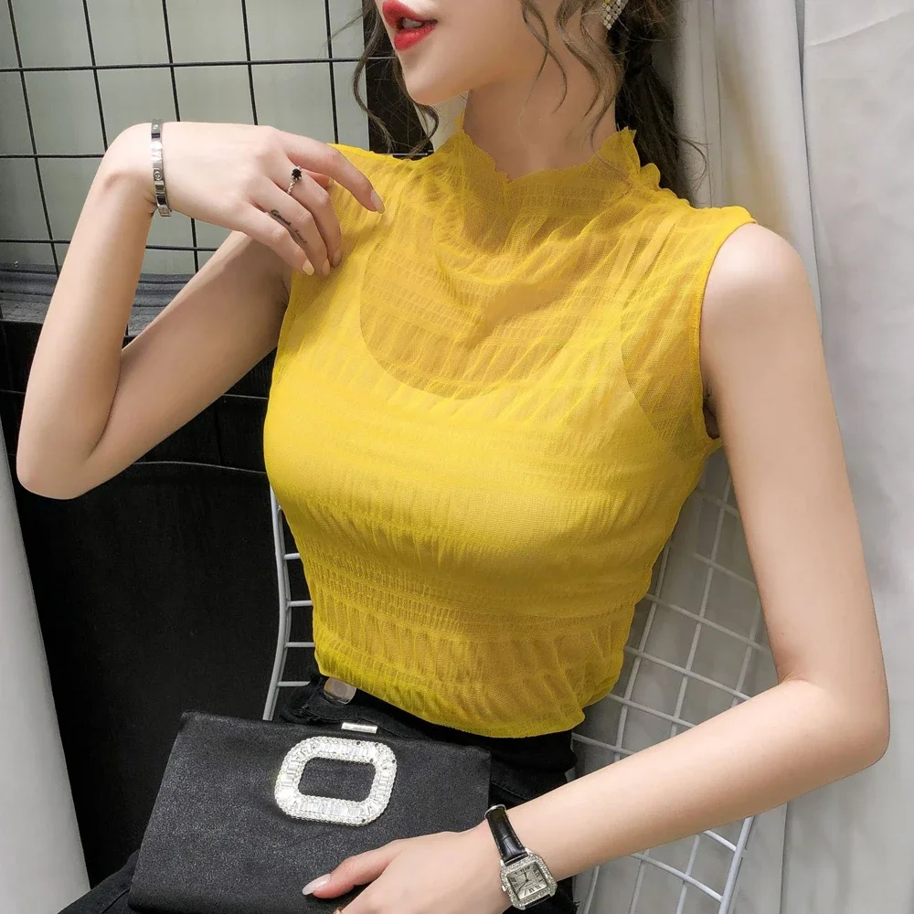 

Y2K Ruffle Collar See-through Vest T Shirt Women Sexy Sleeveless High Neck Elastic Lace T-Shirt Vest Fashion Top Shirts Clothing