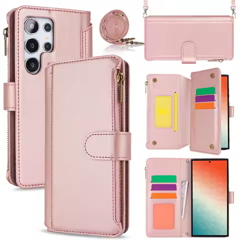 Crossbody Wallet Leather Phone Case For Samsung S24 Ultra S23 Fe S22 Plus Note 20 Ultra A14 A54 A53 Card Holder Lanyard Galaxy C