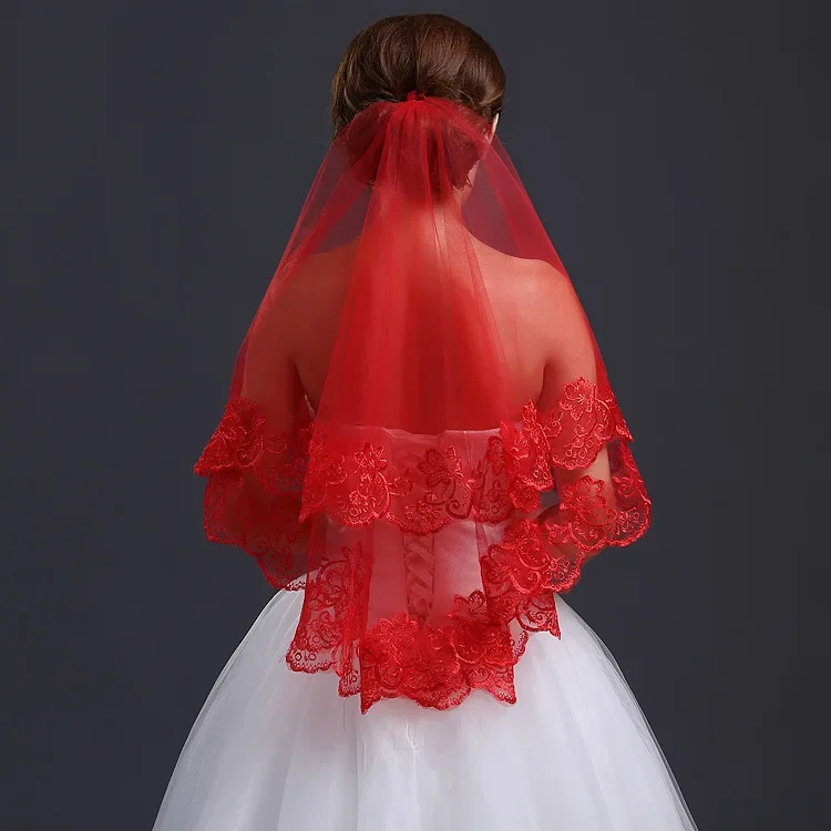 Velos de novia de princesa elegantes con borde de apliques, accesorios de boda cortos rojos, gran oferta